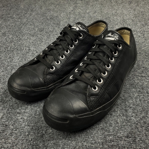 Converse Jack Purcell Low Triple Black Leather Sneakers Mens 9 Casual Shoes - Picture 2 of 13